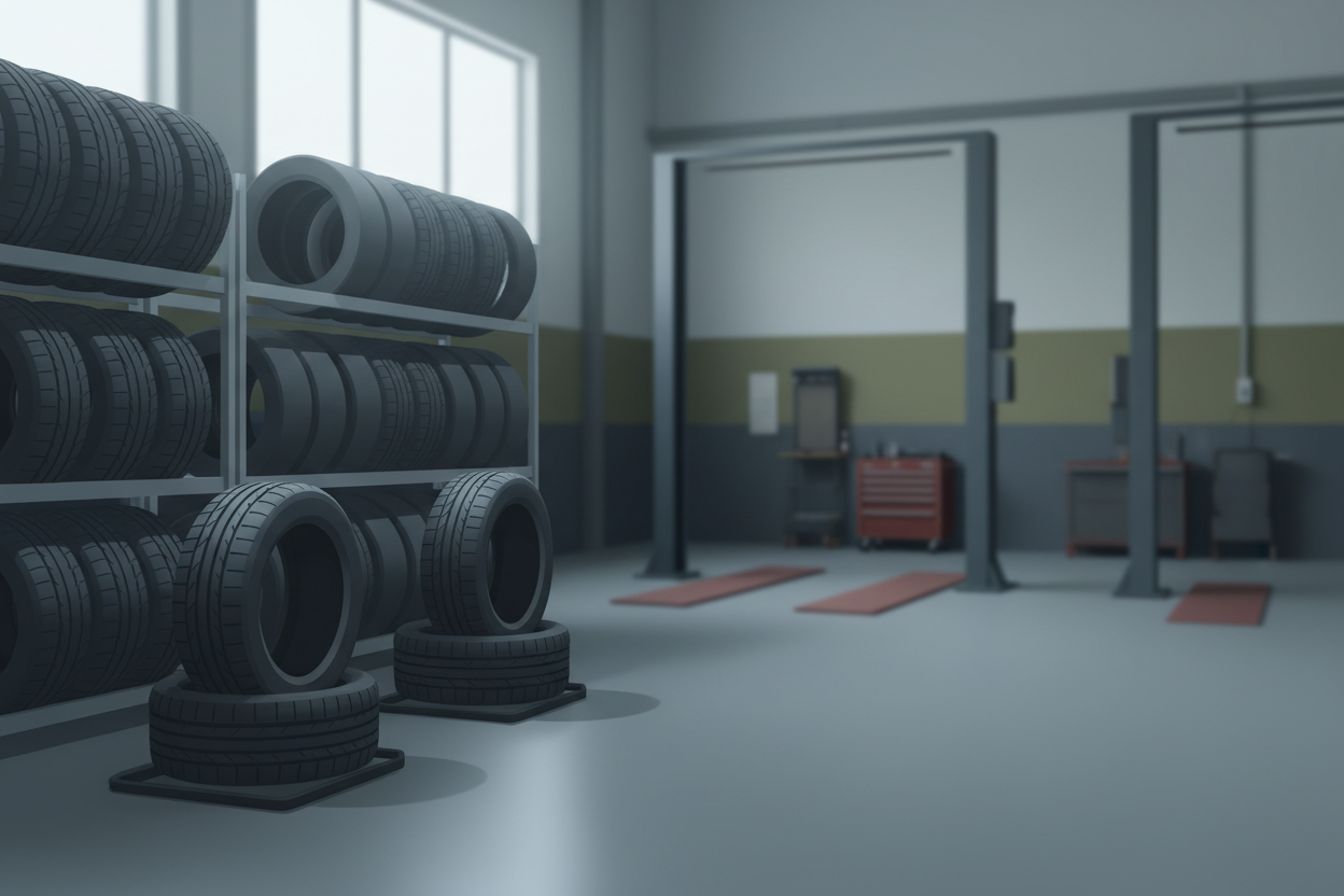 quiero que diseñes la foto de un taller automotriz tipo serviteca, no debe ser tan detallado pero debe mostrar neumaticos. la imagen es un banner con texto sobrepuesto por lo cual no debe predominar la imagen como tal